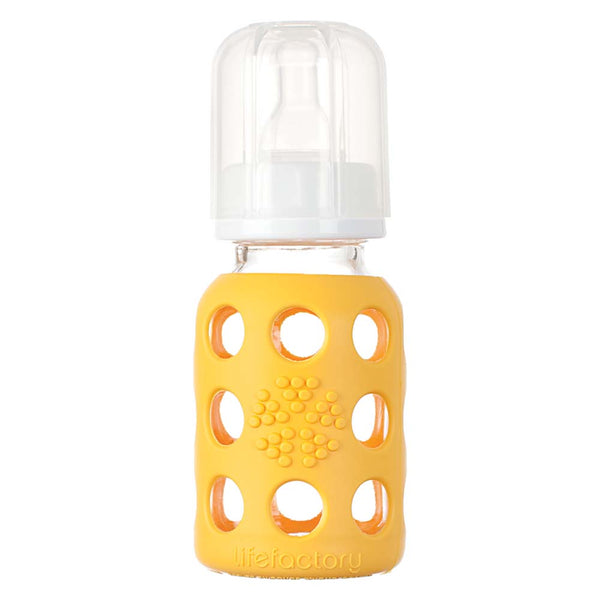 Lifefactory - Glass Baby Bottle with Nipple 4oz - Yellow  رضّاعة زجاجية للمواليد مع حلمة صناعية 4 أوقية من لايف فاكتوري، أصفر